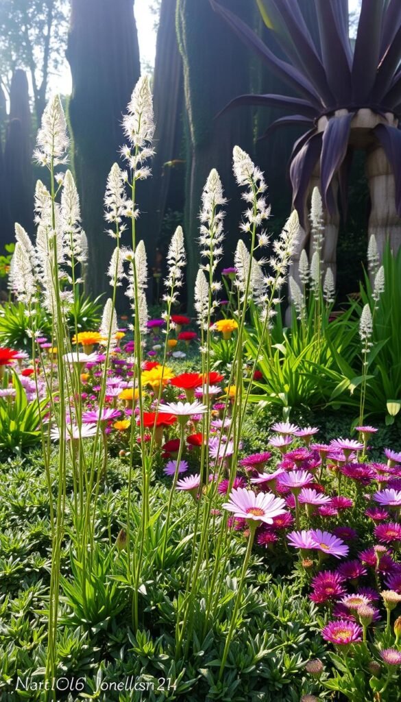 A lush, vibrant garden bed featuring a diverse mix of textures and heights. In the foreground, a cluster of tall, graceful perennials with delicate, feathery foliage sway gently in the soft, diffused light. Their stems rise up from a carpet of plush, velvety ground cover, creating a sense of depth and layering. Towering behind, sturdy, architectural plants with bold, sculptural leaves punctuate the scene, casting dramatic shadows that add depth and dimension. The middle ground is filled with a tapestry of flowering plants in a riot of colors, their petals ranging from silky smooth to fuzzy and coarse. Hazy, atmospheric lighting filters through the foliage, imbuing the whole composition with a dreamlike, ethereal quality.