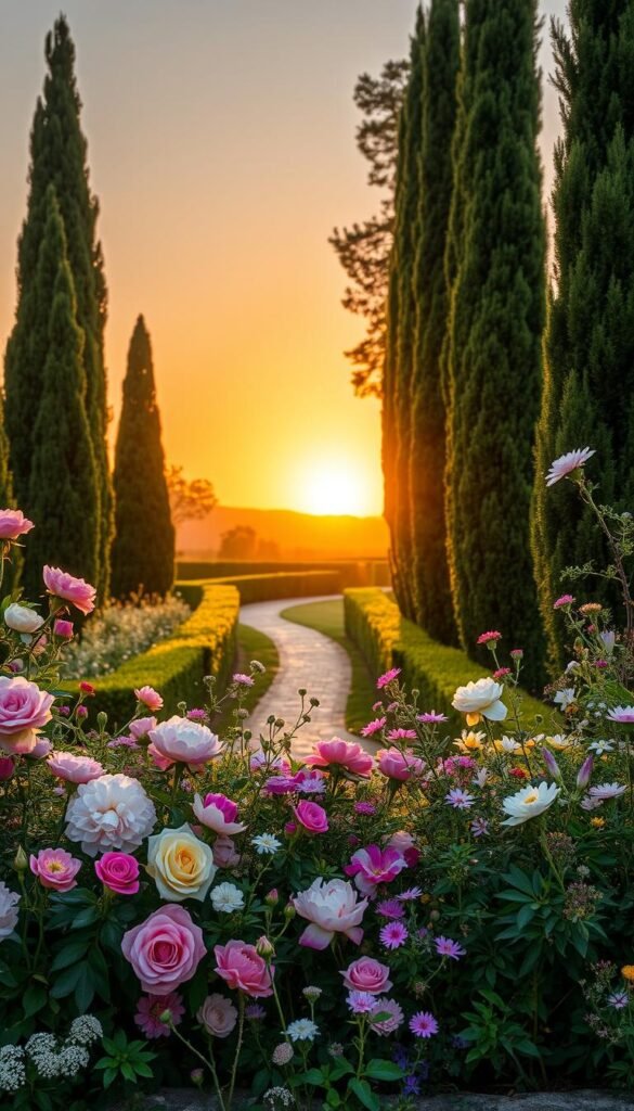 A lush, vibrant garden border framing a floral oasis. In the foreground, a tapestry of colorful blooms - roses, peonies, and delicate wildflowers - cascading over a low stone wall. The middle ground features a winding path, flanked by neatly trimmed hedges and towering cypress trees, leading the eye deeper into the scene. The background showcases a warm, golden sunset, casting a soft, ethereal glow across the landscape. The overall composition exudes a sense of elegant tranquility, inviting the viewer to step into this serene, nature-inspired haven.