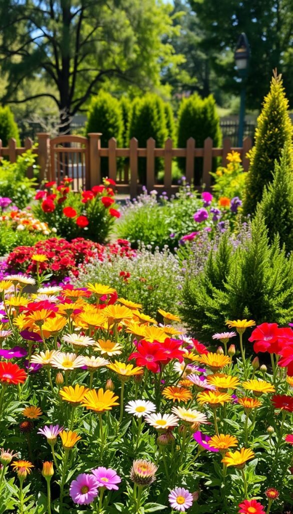 A lush, vibrant garden bursting with year-round color. In the foreground, a diverse array of blooming flowers in a meticulously arranged flowerbed, the sunlight casting a warm glow across the petals. The middle ground features a mix of evergreen shrubs and perennials, creating a sense of depth and structure. In the background, a picturesque wooden fence frames the scene, with a few mature trees swaying gently in the breeze. The overall atmosphere is one of tranquility and harmony, inviting the viewer to imagine themselves immersed in this serene outdoor oasis. Captured with a wide-angle lens, the image showcases the holistic beauty of a thoughtfully planned, season-spanning garden design.