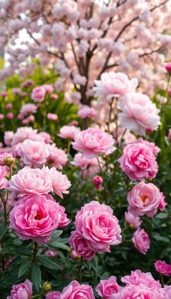 A lush, vibrant garden filled with an array of delicate pink flowers. In the foreground, clusters of soft, romantic cabbage roses in hues ranging from palest blush to deep fuchsia. In the middle ground, graceful peonies with ruffled petals and a delicate, powdery appearance. Towering behind them, a backdrop of elegant cherry blossoms, their petals drifting gently on a warm, golden breeze. The scene is bathed in soft, diffused natural light, creating a serene, almost dreamlike atmosphere. Captured with a shallow depth of field, drawing the eye to the captivating floral displays. A vision of tranquility and beauty, perfectly suited to adorn a space with a soft, feminine pink garden aesthetic.