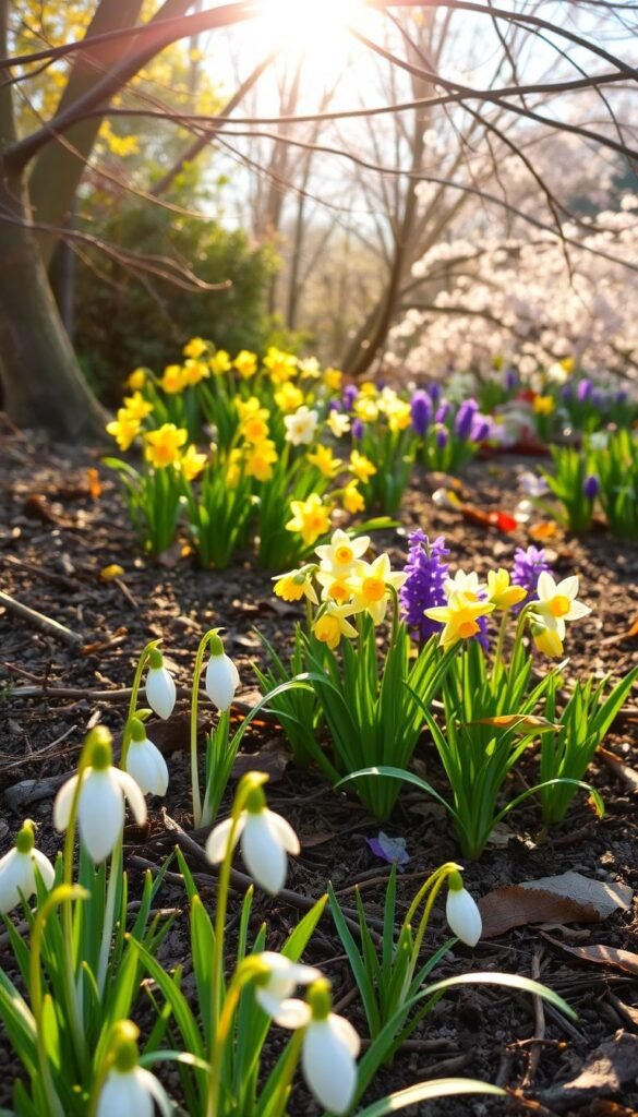 A lush, vibrant garden in early spring, with a gentle transition from winter's last vestiges to the burgeoning life of the new season. In the foreground, delicate snowdrops and crocuses emerge from the thawing soil, their petals softly illuminated by warm, golden sunlight filtering through the branches above. In the middle ground, clusters of cheerful daffodils and hyacinths sway in a light breeze, their bright colors contrasting with the fading remnants of winter's dormant foliage. In the background, a scattering of newly blooming cherry blossoms add a touch of ethereal beauty, their pale pink petals drifting through the air. The overall scene conveys a sense of renewal and the joyful awakening of nature.