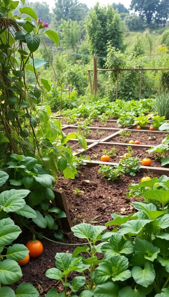 A lush, vibrant garden oasis filled with an array of thriving vegetables in harmonious companionship. The foreground showcases a diverse tapestry of leafy greens, colorful vegetables, and trailing vines, all intertwined in a delicate balance. The middle ground features neatly arranged raised beds, their soil rich and teeming with life. In the background, a verdant backdrop of flourishing plants and a soft, natural light create a serene, idyllic atmosphere. The scene radiates a sense of abundance, symbiosis, and the beauty of nature's intertwined cycles. Captured with a wide-angle lens, the image invites the viewer to immerse themselves in this sustainable, organic garden sanctuary.