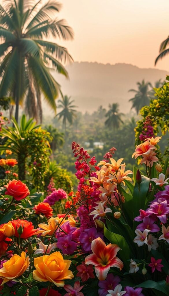 A lush, vibrant garden of Eden, filled with an abundance of exotic and delicate flowers. In the foreground, a breathtaking arrangement of vibrant blooms - lush roses, fragrant lilies, and delicate orchids, bathed in soft, warm lighting. The middle ground reveals a verdant, serene landscape, with towering palm trees and cascading vines, creating a sense of otherworldly tranquility. In the background, a hazy, dreamlike sky, tinged with warm hues, adds to the ethereal, paradisiacal atmosphere. The overall composition evokes a feeling of pure, unbridled natural beauty, inviting the viewer to step into this enchanting, verdant oasis.