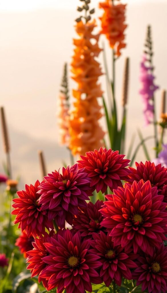 A lush, vibrant garden scene showcasing the distinct features of dahlia and gladiolus flowers. In the foreground, a cluster of dahlia blooms in rich, velvety hues of red, purple, and orange, their intricate, layered petals creating a captivating display. In the middle ground, tall, elegant gladiolus spikes reach skyward, their delicate florets arranged in a graceful, spire-like formation. The background features a soft, blurred landscape, with hazy hills and a diffused, golden-hour lighting that casts a warm, dreamy glow over the entire composition. The scene is captured with a shallow depth of field, drawing the viewer's eye to the contrasting forms and colors of the two flower varieties.