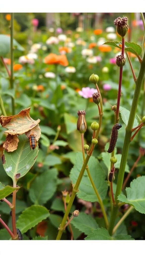 A lush, vibrant garden scene showcasing the intricate patterns of common seasonal pests. In the foreground, a close-up view of damaged leaves and stems, revealing the telltale signs of aphids, caterpillars, and other insects. The middle ground depicts a wider view of the garden, with plants in various stages of growth and infestation. In the background, a soft, out-of-focus backdrop of flowering blooms and verdant foliage. The lighting is natural, diffused, and creates a sense of depth and texture. The camera angle is slightly tilted, giving the image a sense of dynamism and capturing the diverse shapes, colors, and textures of the pests and their impact on the garden.