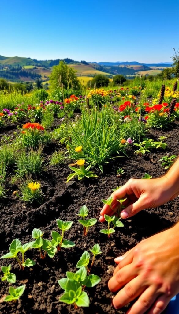 A lush, vibrant garden scene showcasing the steps of native plant implementation. In the foreground, a gardener's hands gently tending to young seedlings, the soil rich and dark. In the middle ground, neatly arranged garden beds brimming with diverse native flora - colorful wildflowers, verdant grasses, and pollinator-friendly shrubs. The background reveals a picturesque vista of rolling hills, a clear blue sky, and the warm glow of natural sunlight filtering through the scene. The overall mood is one of harmony, nurture, and the joy of cultivating a thriving, sustainable garden ecosystem.