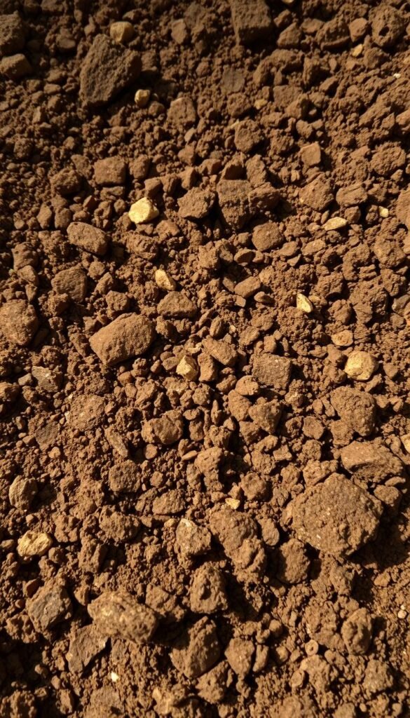A lush, vibrant garden soil with varying shades of brown, loam, and organic matter. The surface shows a distinct pattern of light and dark patches, indicating the uneven moisture levels throughout the soil. The texture is slightly granular, with visible aggregates and pores that allow for water and air circulation. The lighting is soft and diffused, casting gentle shadows that accentuate the contours and structures within the soil. The overall composition is a close-up, high-resolution view that allows the viewer to examine the soil's intricate details and understand the importance of proper moisture management for healthy plant growth.