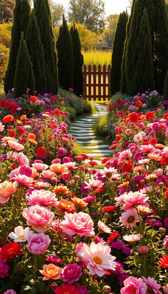 A lush, vibrant garden teeming with an abundance of blooming flowers in a warm, golden afternoon light. In the foreground, a dazzling array of colorful petals - roses, peonies, dahlias, and more - dancing gently in a soft breeze. The middle ground features a charming stone path winding through the garden, flanked by tall, stately evergreen shrubs. In the background, a rustic wooden fence frames the scene, creating a sense of cozy enclosure. The overall atmosphere is one of serene, countryside charm, inviting the viewer to step into this enchanting, floral oasis.