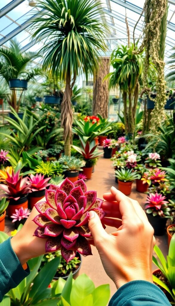 A lush, vibrant greenhouse interior showcasing an array of rare and exotic plant species. In the foreground, a curator's hands tenderly caress the leaves of an otherworldly succulent, its intricate patterns and vibrant hues commanding attention. In the middle ground, an assortment of potted plants in varying shades of green, purple, and red create a visually captivating display. The background features towering palms, cascading vines, and delicate, translucent blooms, all bathed in the warm, diffused light streaming through the glass panels. The scene radiates a sense of wonder and discovery, inviting the viewer to immerse themselves in the botanical wonders of a curated, high-end greenhouse.