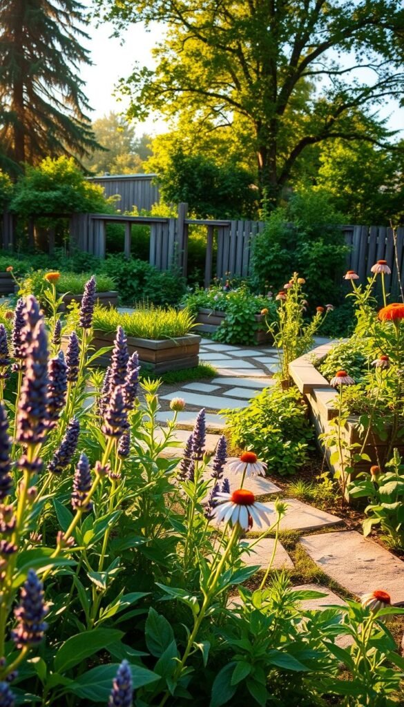 A lush, vibrant medicinal herb garden bathed in warm, golden afternoon light. In the foreground, a variety of leafy herbs and flowering plants - lavender, chamomile, calendula, echinacea - sway gently in a light breeze. The middle ground features a stone pathway winding through the garden, flanked by raised planting beds bursting with verdant greenery. In the background, a rustic wooden fence and a canopy of mature trees create a sense of privacy and sanctuary. The overall scene evokes a harmonious balance of natural beauty, wellness, and tranquility.