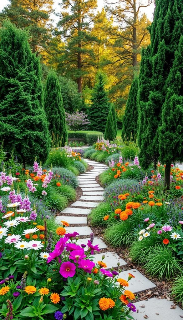 A lush, vibrant perennial and annual garden design with a balanced, professional-looking layout. In the foreground, a variety of colorful blooms and foliage, including delphiniums, peonies, and marigolds, create a captivating display. The middle ground features a meandering stone path, flanked by cascading groundcovers and soft grasses. In the background, a mix of towering evergreen shrubs and trees provide a natural, park-like setting, dappled with warm, golden sunlight filtering through the canopy. The overall composition evokes a sense of harmony, tranquility, and expert horticultural knowledge, inspiring the viewer to recreate a similar stunning outdoor space.