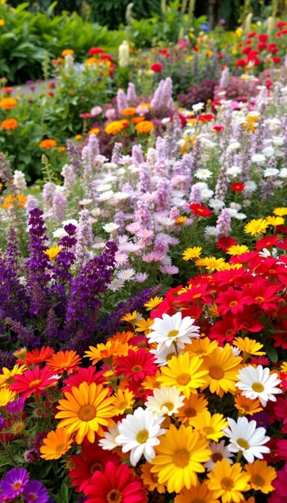 A lush, vibrant perennial garden bursting with a harmonious color palette. In the foreground, a vibrant display of complementary hues - rich purples, deep reds, and sunny yellows. Mid-ground, a soft mix of pastel pinks, lavenders, and whites create a soothing, romantic atmosphere. In the background, a diverse tapestry of foliage in shades of green, from emerald to olive, provides a natural backdrop. Soft, diffused lighting filters through the scene, casting a warm, golden glow that accentuates the garden's beauty. Captured with a wide-angle lens to showcase the depth and scale of the carefully curated color groupings, inviting the viewer to immerse themselves in the serene, yet captivating display.