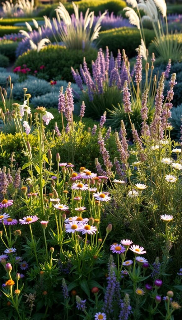 A lush, vibrant perennial garden in soft morning light. In the foreground, clusters of low-growing, resilient plants such as sedum, coneflowers, and yarrow sway gently. The middle ground features taller, drought-tolerant species like lavender and Russian sage, their delicate flowers catching the warm sunlight. The background is a tapestry of evergreen groundcovers and hardy ornamental grasses, creating a sense of depth and texture. The overall scene conveys a serene, low-maintenance aesthetic, perfect for the busy gardener seeking effortless beauty.