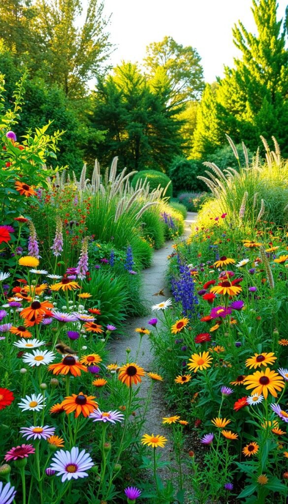 A lush, vibrant pollinator-friendly garden bursting with color and life. In the foreground, a diverse array of flowering plants - from delicate wildflowers to bold, nectar-rich blooms - attract a symphony of buzzing bees, fluttering butterflies, and darting hummingbirds. The middle ground showcases a meandering path lined with ornamental grasses and fragrant herbs, inviting exploration. In the background, a verdant backdrop of trees and shrubs provides shelter and additional foraging opportunities for the pollinators. Warm, golden sunlight filters through the canopy, casting a gentle glow over the scene. The overall atmosphere is one of harmony, rejuvenation, and the beauty of a thriving ecosystem.