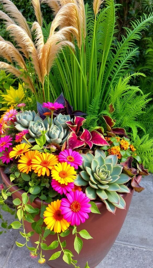A lush, vibrant potted garden arrangement, with a variety of colorful flowers and foliage creating a layered, visually striking display. In the foreground, a cluster of bright, blooming zinnias in shades of pink, orange, and yellow, complemented by the delicate, trailing tendrils of a cascading ivy. In the middle ground, a mix of textural succulents and vibrant coleus plants, their leaves ranging from deep burgundy to bright chartreuse. In the background, a backdrop of tall, swaying ornamental grasses and lush, verdant ferns, creating a sense of depth and natural abundance. The lighting is warm and natural, casting a soft, golden glow over the entire scene, accentuating the rich colors and textures. The overall composition is balanced and harmonious, capturing the essence of a thriving, layered potted garden.