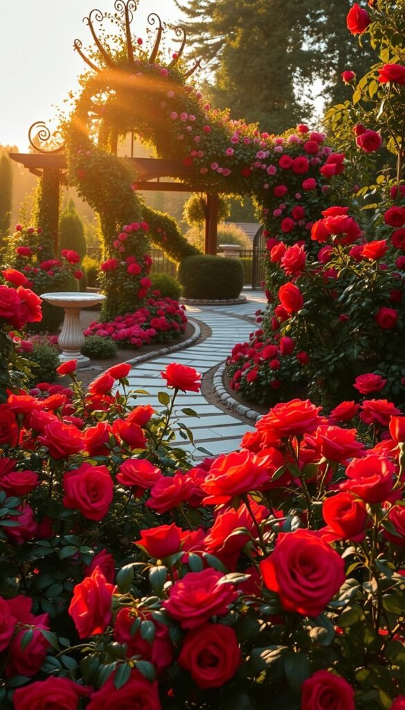 A lush, vibrant red rose garden in full bloom, illuminated by warm golden sunlight filtering through the foliage. In the foreground, a carefully curated arrangement of various rose cultivars - deep crimson blooms, velvety petals, and thorny stems. The middle ground showcases a meandering stone pathway, flanked by carefully pruned rose bushes and complemented by carefully placed garden accents like ornamental trellises and birdbaths. In the background, a beautifully crafted gazebo or pergola structure, draped in cascading vines and blooming roses, creates a sense of enchantment and timelessness. The overall scene exudes a dramatic, bold, and unforgettable floral display, reflecting the essence of a quintessential red rose garden aesthetic.
