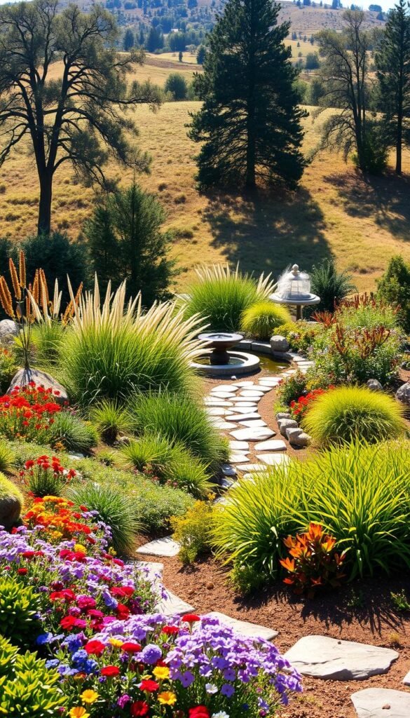 A lush, vibrant regional garden design featuring a variety of native flora against the backdrop of a warm, sun-dappled landscape. In the foreground, an artfully curated arrangement of colorful perennials and flowering shrubs cascades across a gently sloping terrain. The middle ground showcases a meandering stone pathway leading to a tranquil water feature, surrounded by tall grasses and verdant ferns. In the distance, a rolling hillside is dotted with mature trees, casting soft, filtered light upon the scene. The overall mood is one of natural harmony and the serene beauty of a distinctly regional garden aesthetic.