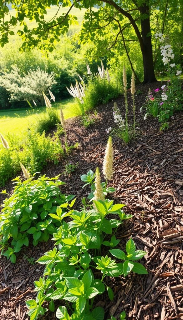 A lush, vibrant scene showcasing the harmonious integration of native plants and mulch for effective erosion control. In the foreground, a diverse array of indigenous flora - leafy ground covers, resilient shrubs, and towering perennials - cascade down a gently sloping terrain. Sunlight filters through the canopy, casting a warm, natural glow that accentuates the earthy tones of the mulch. The middle ground features a well-tended garden bed, its rich, organic layers of decomposing plant matter providing a nutrient-rich foundation for the thriving vegetation. In the background, a verdant, native landscape extends, hinting at the larger ecosystem that the garden seamlessly integrates with. The overall atmosphere evokes a sense of ecological balance and sustainable harmony.