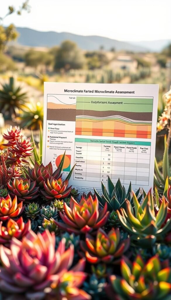 A lush, vibrant succulent garden set against a backdrop of a detailed microclimate assessment. The foreground features an array of thriving succulents in various hues and textures, arranged in a visually striking composition. The middle ground showcases a detailed analysis of soil composition, moisture levels, and sun exposure, providing crucial insights for the optimal growth of drought-tolerant plants. In the background, a softly focused, sun-dappled landscape sets the scene, conveying a sense of tranquility and natural harmony. The lighting is warm and natural, accentuating the rich colors and intricate details of the succulents and the microclimate assessment. Captured with a wide-angle lens, this image offers a comprehensive view of the key elements that form the foundation of a successful drought-tolerant garden.