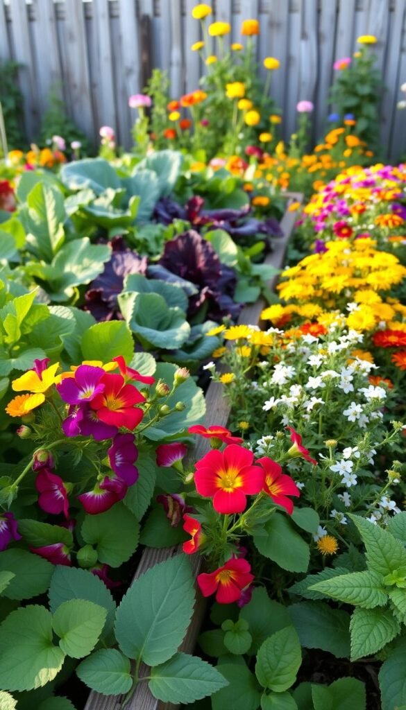 A lush, vibrant vegetable garden in soft afternoon light, with clusters of delicate edible flowers interspersed among the vegetables and herbs. In the foreground, bold purple-red nasturtium blossoms spill over the edge of a raised garden bed, their vines trailing amongst leafy greens. Mid-ground, cheerful yellow marigolds and fragrant white alyssum dot the garden paths, complementing the deep green foliage of kale, swiss chard, and basil. In the background, a mix of colorful zinnias, calendula, and borage create a tapestry of blooms against a backdrop of weathered wood fencing. The scene evokes a sense of harmony and abundance, showcasing the integration of edible flowers into a thriving vegetable and herb garden.