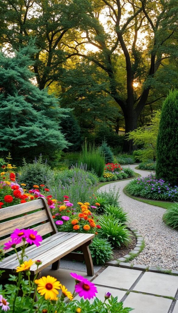 A lush, well-balanced garden with vibrant flowers and neatly trimmed foliage. In the foreground, a small patio with a rustic bench, inviting visitors to sit and admire the tranquil scene. The middle ground features a variety of low-maintenance perennials, their petals softly catching the warm, golden light filtering through the canopy of mature trees in the background. A winding gravel path leads the eye deeper into the serene landscape, hinting at the effortless beauty of a carefully curated, low-maintenance garden.