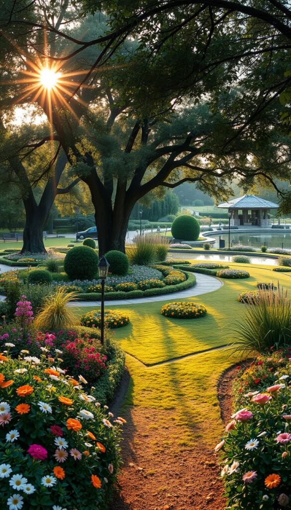 A lush, well-designed garden layout with a soft, romantic ambiance. In the foreground, a carefully curated border of colorful flowers frames the edges, creating a harmonious flow. The middle ground features a series of meandering garden paths, inviting exploration. Overhead, the warm glow of a golden hour sun filters through the canopy of mature trees, casting a gentle light across the scene. The background showcases a tranquil pond or water feature, reflecting the surrounding greenery. The overall composition emphasizes balance, proportion, and a sense of peaceful contemplation, capturing the essence of "Understanding Your Garden's Edge and Planning Your Layout".