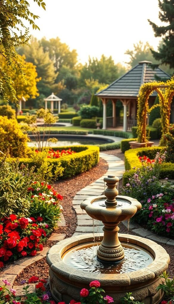 A lush, well-designed garden oasis with a variety of captivating features. In the foreground, a striking stone fountain with cascading water creates a soothing, tranquil ambiance. Flanking the fountain, vibrant flower beds in a riot of colors - bold reds, deep purples, and delicate pastels. In the middle ground, a winding stone pathway leads the eye through the space, framed by neatly trimmed hedges and delicate trellises adorned with climbing vines. The background features a serene pond, its still surface reflecting the surrounding foliage and an elegant gazebo with a pitched roof. Warm, diffused lighting casts a golden glow across the scene, lending a sense of timeless elegance. The overall composition evokes a sense of harmony, creativity, and a professional-level garden design.