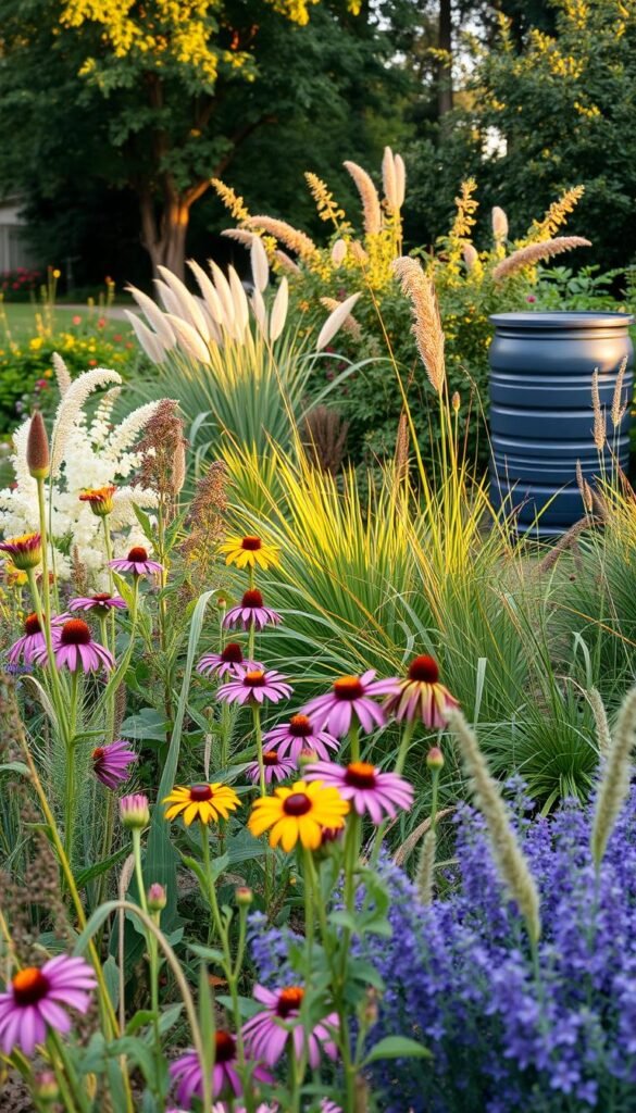 A lush, well-designed native plants garden, showcasing a harmonious blend of vibrant colors and textures. In the foreground, a variety of drought-tolerant perennials such as purple coneflowers, black-eyed Susans, and native grasses sway gently in a soft breeze. The middle ground features a strategically placed rain barrel, seamlessly integrated into the landscape, highlighting the garden's commitment to water conservation. In the background, a carefully curated selection of native shrubs and trees, including serviceberry and red osier dogwood, provide a natural backdrop, casting dappled shadows across the scene. The overall composition is illuminated by warm, golden-hour lighting, creating a serene and inviting atmosphere that embodies the essence of water-wise gardening with native plants.