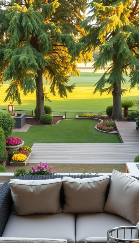 A lush, well-manicured backyard with a serene layout, captured from an elevated perspective. In the foreground, a cozy seating area with plush outdoor furniture invites relaxation. The middle ground showcases a neatly arranged garden, featuring a variety of colorful flowers and lush greenery. In the background, a wooden deck leads to a sizable lawn, flanked by towering trees that cast a warm, golden glow from the gentle afternoon sunlight. The scene exudes a sense of tranquility and harmony, perfectly suited for entertaining guests or personal reflection.