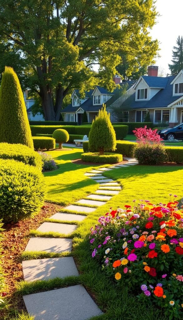 A lush, well-manicured front yard with a harmonious blend of vibrant flowers, verdant shrubs, and a meandering stone pathway. The scene is bathed in warm, golden afternoon sunlight, casting gentle shadows and highlighting the textural details of the landscaping. In the foreground, a carefully curated flower bed bursts with a rainbow of blooms, inviting visitors to stroll through. The middle ground features neatly trimmed hedges and strategically placed ornamental trees, creating a sense of depth and layered interest. The background showcases a picturesque neighborhood setting, with quaint houses and lush, towering trees framing the inviting scene. The overall atmosphere exudes a welcoming, serene, and visually captivating ambiance, setting the stage for a memorable first impression.