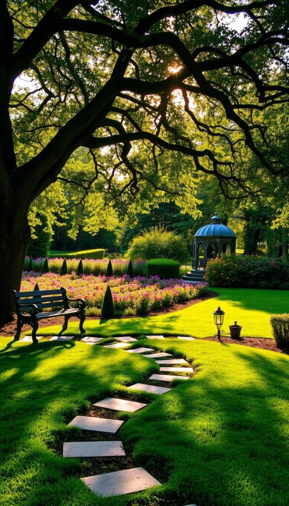 A lush, well-manicured garden bathed in warm, golden sunlight. The foreground features a neatly trimmed lawn with a meandering stone path leading to a charming wooden bench. Dappled sunlight filters through the canopy of a mature oak tree, casting intricate patterns of light and shadow across the garden beds. In the middle ground, rows of vibrant flowers in hues of pink, purple, and yellow sway gently in the breeze. In the background, a wrought-iron gazebo stands, its delicate silhouette framed by the verdant foliage of surrounding shrubs and trees. The overall scene conveys a sense of tranquility, inviting the viewer to pause and appreciate the beauty of nature's interplay with the sun.