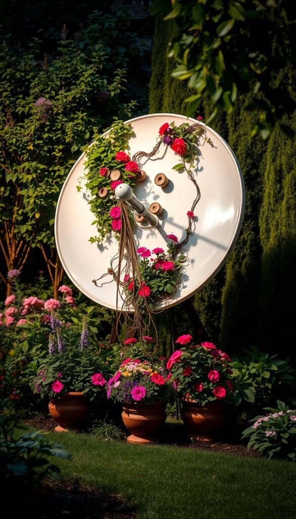 A lush, well-manicured garden with a repurposed satellite dish as the centerpiece. The dish is adorned with vibrant flowers, cascading vines, and decorative elements, creating a visually stunning focal point. Soft, directional lighting illuminates the scene, casting warm shadows and highlights that accentuate the textures and colors of the natural and upcycled materials. The surrounding garden is a harmonious blend of verdant foliage, colorful blooms, and thoughtfully arranged planters, all seamlessly integrated with the repurposed satellite dish. The overall mood is one of serene elegance, showcasing the beauty that can emerge from the creative transformation of discarded objects.
