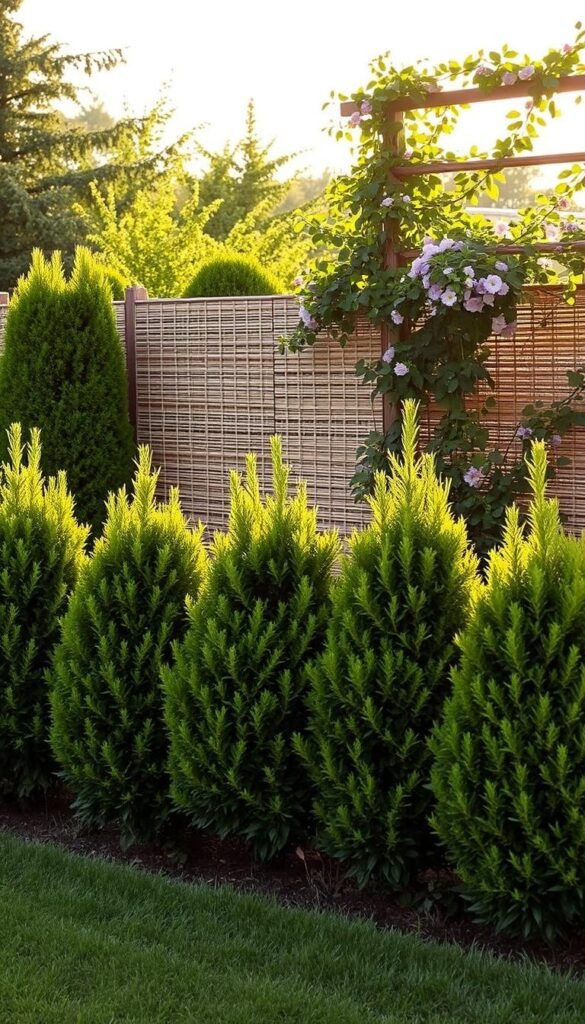 A lush, well-manicured garden with a variety of privacy screening solutions. In the foreground, a row of tall, evergreen shrubs strategically placed to block an unsightly view. In the middle ground, a woven bamboo fence panels create a natural, organic barrier. The background features a trellis covered in cascading vines and climbing flowers, softening the edges and adding visual depth. The scene is bathed in warm, golden afternoon light, creating a serene and inviting atmosphere. The overall composition emphasizes the importance of mindful garden design in achieving the perfect balance between openness and seclusion.
