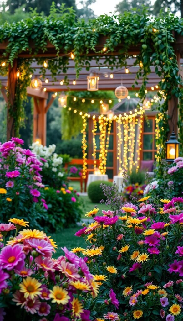 A lush, well-manicured summer garden bathed in a soft, warm glow. In the foreground, an abundance of vibrant, blooming flowers in hues of pink, purple, and yellow, expertly arranged in intricate floral designs. The middle ground features a mix of delicate string lights and lanterns, casting a magical, twinkling ambiance across the scene. In the background, a wooden pergola or trellis covered in climbing vines and trailing greenery, creating a natural, enchanting backdrop. The overall composition evokes a sense of tranquility, elegance, and the essence of a summer garden party.