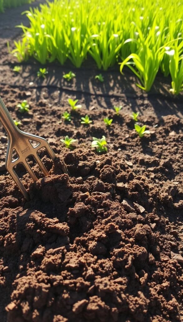 A lush, well-tended garden bed in the warm afternoon sunlight. In the foreground, a layer of rich, dark compost is carefully being incorporated into the soil with a garden fork, exposing the earthy, crumbly texture underneath. The middle ground shows a neat grid of planting rows, ready to receive new seedlings. In the background, a vibrant green cover crop sways gently, providing nutrients and preventing soil erosion. The scene conveys a sense of careful preparation and anticipation, as the gardener meticulously lays the foundation for a thriving flower garden.