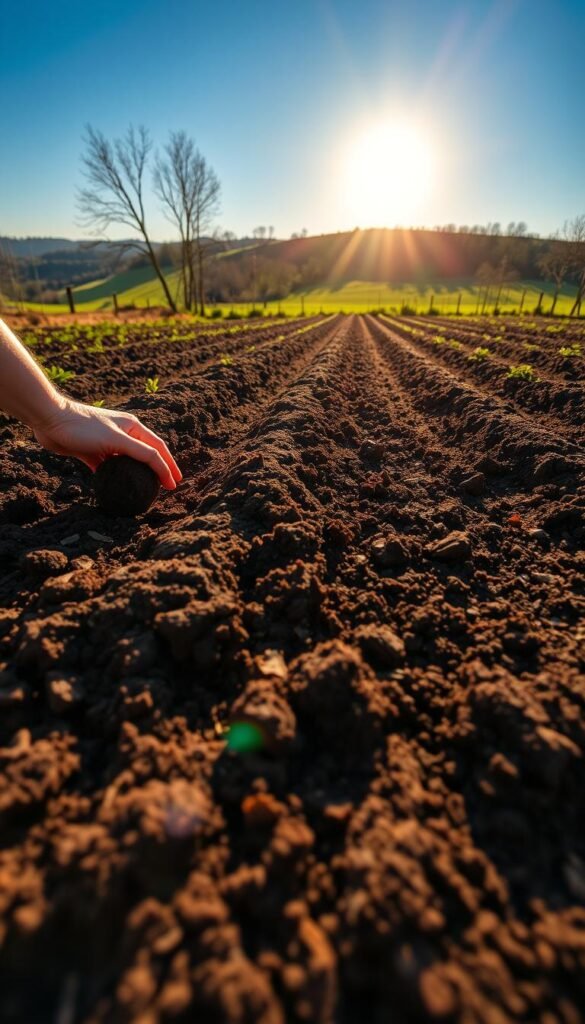 A lush, well-tended garden bed under the warm glow of a spring morning sun. In the foreground, a gardener's hands carefully turn and aerate the rich, dark soil, incorporating organic matter and amendments. Mid-ground, rows of freshly tilled earth await the planting of vibrant flowers and vegetables. The background frames a serene landscape, with rolling hills, distant trees, and a clear, azure sky. The scene evokes a sense of anticipation and the promise of a bountiful growing season to come, captured with a crisp, high-resolution wide-angle lens.