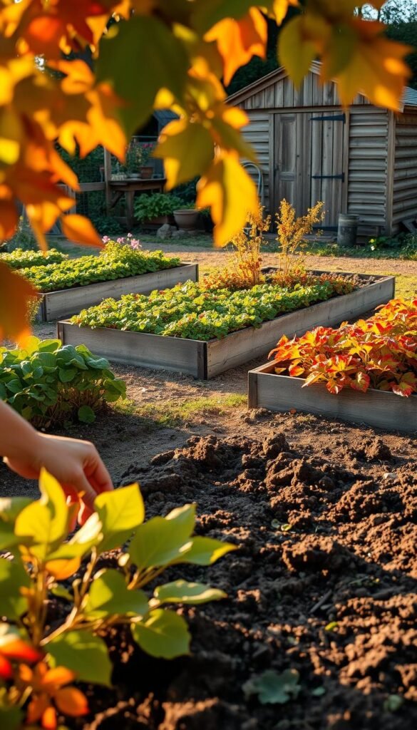 A lush, well-tended garden in the golden light of an autumn afternoon. In the foreground, a gardener's hands tenderly tend to the soil, adding organic matter and aerating the earth. Vibrant fall foliage frames the scene, hinting at the garden's future abundance. Midground, raised beds brim with late-season crops, their leaves rustling gently in a soft breeze. In the background, a sturdy wooden shed stands ready, its weathered walls evoking a sense of timeless tradition. The overall atmosphere is one of peaceful industry, a harmonious balance between human care and nature's cycles.