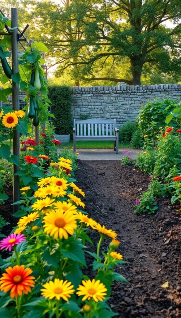 A lush, well-tended garden in the morning light, showcasing a harmonious blend of vibrant flowers and thriving vegetables. In the foreground, rows of neatly tilled soil are interspersed with colorful blooms - sunflowers, marigolds, and zinnias. Trailing vines of squash and beans climb trellises, their leaves casting gentle shadows. In the middle ground, a weathered wooden bench sits amidst the greenery, inviting one to pause and admire the scene. The background features a picturesque stone wall, partially obscured by towering trees, filtering the warm, golden sunlight. The overall atmosphere is one of tranquility, balance, and the joy of cultivating a productive, pollinator-friendly mixed garden.