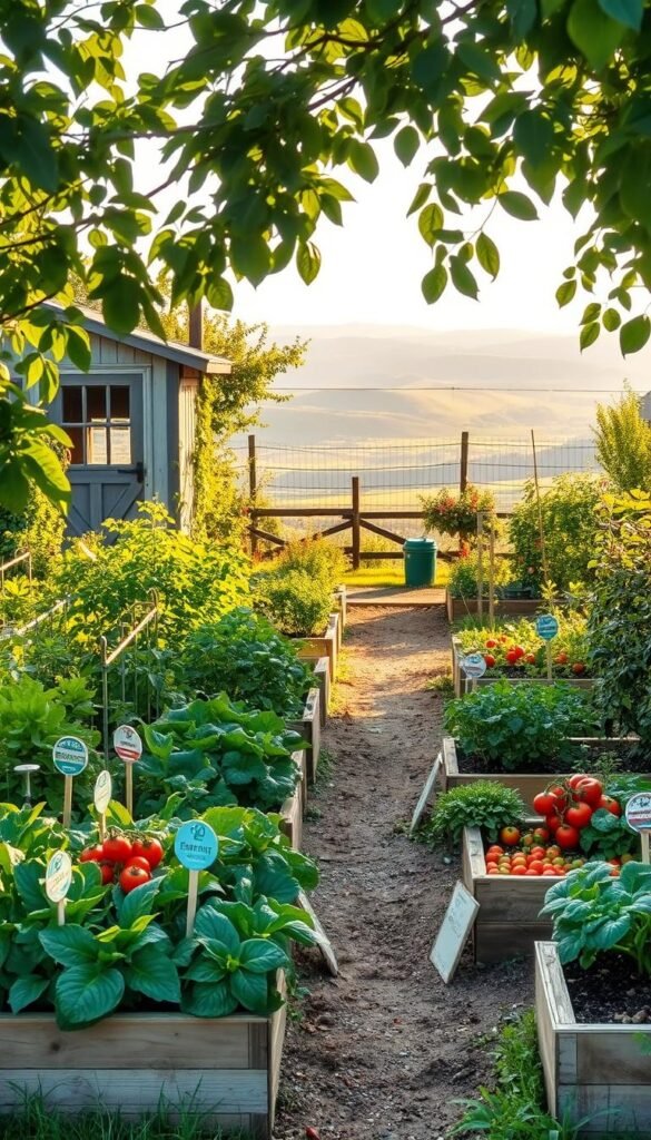 A lush, well-tended home vegetable garden nestled in a tranquil, sun-dappled setting. In the foreground, raised beds brim with vibrant greens, tomatoes, and other thriving produce. Whimsical garden markers dot the paths, guiding the viewer on a journey of discovery. The middle ground reveals a charming potting shed, its weathered facade complementing the verdant surroundings. Beyond, a fence line frames a vista of undulating hills, hazy in the distance under a soft, golden light. A sense of peaceful self-sufficiency and connection to the land pervades the scene, inviting the viewer to imagine the joys of cultivating one's own bountiful home garden.