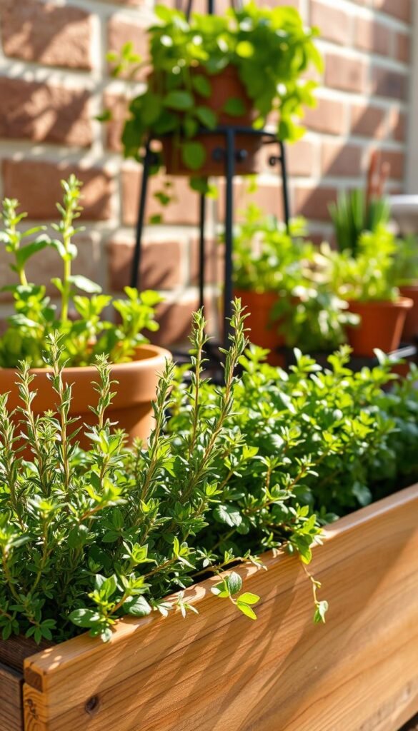 A lush, well-tended kitchen herb garden in the bright morning light. In the foreground, a rustic wooden planter box overflows with thriving rosemary, thyme, and oregano, their delicate green leaves glistening with dew. Behind it, a terracotta pot holds a vibrant basil plant, its fragrant leaves casting gentle shadows. In the middle ground, a wrought-iron plant stand showcases a variety of potted herbs - parsley, chives, and mint - arranged in a visually appealing manner. The background features a sun-dappled brick wall, lending a cozy, inviting atmosphere to the scene. The overall mood is one of freshness, vitality, and the invigorating essence of springtime.