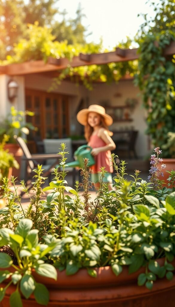 A lush, well-tended outdoor herb garden in the warm afternoon sun. In the foreground, a variety of aromatic herbs like basil, thyme, rosemary, and oregano grow in a rustic terracotta planter. In the middle ground, a cheerful girl in a sun hat tends to the plants, watering can in hand. Behind her, a cozy patio with wooden furniture and a trellis of climbing vines creates a tranquil, inviting atmosphere. The scene is bathed in soft, natural lighting, with a slight haze adding to the serene, dreamlike quality. The overall composition conveys a sense of peaceful productivity and the joy of nurturing a thriving, homegrown garden.