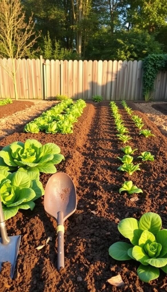 A lush, well-tilled garden bed in golden autumn light, the soil freshly turned and amended with compost, ready for the planting of hardy winter greens. In the foreground, gardening tools - a shovel, rake, and trowel - stand ready. The middle ground features rows of neatly prepared planting beds, their dark, nutrient-rich soil awaiting the seeds of kale, spinach, and other cold-weather crops. In the background, a weathered wooden fence and the lush foliage of deciduous trees create a sense of warmth and shelter, hinting at the bountiful harvest to come. The overall mood is one of industrious preparation, a calm anticipation of the winter garden's potential.