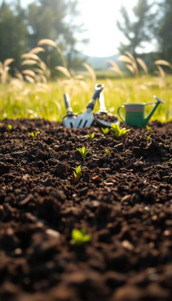 A lush, well-tilled garden bed in soft, warm sunlight. In the foreground, the soil is dark and crumbly, freshly turned over with a garden fork, revealing the rich, organic matter beneath. Hints of green sprouts and tender seedlings peek through the loose, aerated earth. In the middle ground, a collection of gardening tools - a trowel, pruners, and a watering can - stand ready to tend the budding plants. The background is a blurred, dreamy landscape of swaying grasses and distant trees, creating a sense of tranquility and natural harmony. The overall scene conveys the serene preparation for a thriving, healthy garden.