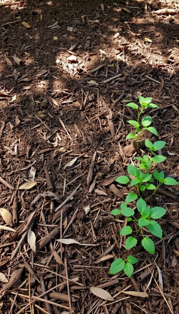 A lush, well-tilled garden bed, the soil a deep, rich brown, freshly turned and aerated. Layers of organic matter - shredded leaves, composted bark, and fragrant pine needles - form a thick, insulating mulch. Dappled sunlight filters through the canopy above, casting gentle shadows on the textured surface. The scene exudes a sense of nurturing and preparation, setting the stage for thriving herb plants to weather the colder months ahead.
