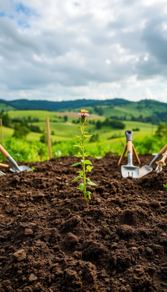A lush, well-tilled garden bed under soft, diffused natural lighting. The foreground features freshly turned soil, with visible textural details like clumps, crumbs, and worm tunnels. Surrounding the bed are a variety of hand tools like shovels, rakes, and hoes, neatly arranged. In the middle ground, a few native flowering plants sway gently in a light breeze. The background showcases a vibrant, verdant landscape with rolling hills and a cloudy, azure sky. The overall mood is one of peaceful productivity, as if preparing the soil for a bountiful seasonal garden.