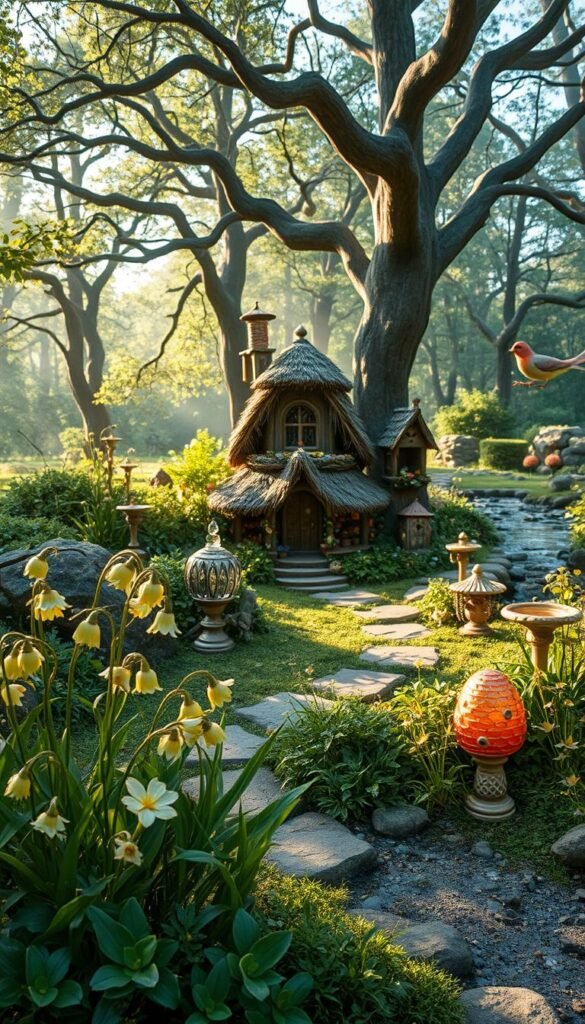 A lush, whimsical fairy garden in a sun-dappled forest clearing. In the foreground, a variety of enchanting plants - delicate bell-shaped flowers, trailing vines with iridescent leaves, and clusters of glowing mushrooms. Midground, a winding stone path leads to a charming thatched-roof fairy house, surrounded by ornate garden decor - glistening glass birdbaths, wooden birdhouses, and wind chimes that sway gently in the breeze. In the background, towering trees with twisted branches create a canopy of dappled light, and a babbling brook reflects the tranquil scene. Warm, soft lighting bathes the entire landscape in a magical, dreamlike ambiance.
