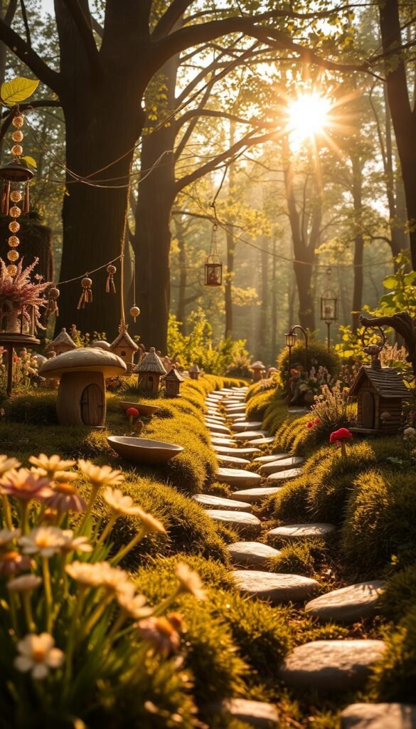 A lush, whimsical fairy garden in the golden glow of a late afternoon sun. In the foreground, a cluster of delicate flowers and mushrooms, their petals and caps glistening with dew. A winding path of mossy stones leads deeper into the scene, flanked by tiny fairy houses and ornaments crafted from natural materials. Hanging lanterns and wind chimes sway gently, casting soft shadows. In the middle ground, a enchanted forest backdrop, with towering trees and a canopy of leaves that filters the light. The overall atmosphere is one of tranquility and wonder, inviting the viewer to step into this enchanted realm.