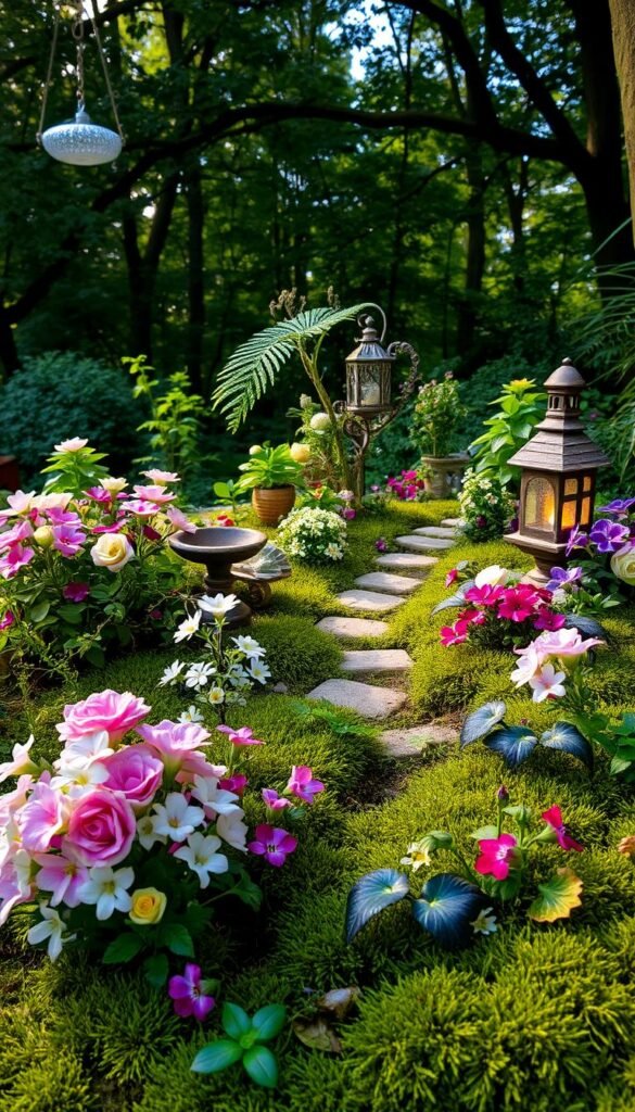 A lush, whimsical fairy garden scene with an array of vibrant, diverse plants and accessories. In the foreground, clusters of delicate, colorful flowers like miniature roses, lilies, and pansies, their petals gently swaying in a soft, warm breeze. Trailing vines and mossy groundcover create a natural, enchanting backdrop. In the middle ground, various fairy-themed elements - a miniature stone path, a birdbath, and a twinkling solar-powered lantern, all bathed in soft, warm lighting that casts a magical glow. In the background, a dense forest canopy filters dappled sunlight, lending an air of mystery and wonder to the scene. The overall mood is one of tranquility, harmony, and the fusion of nature and fantasy.