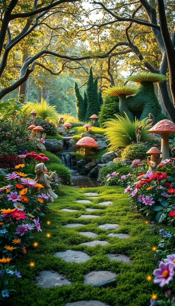 A lush, whimsical fairy garden with vibrant blooms, twinkling lights, and enchanting sculptures. In the foreground, a path of mossy stones winds through a thriving bed of wildflowers, fairies fluttering playfully. The middle ground features a small pond with a cascading waterfall, surrounded by towering ferns and delicate mushrooms. In the background, a canopy of trees dapples the scene with soft, golden light, creating a serene, dreamlike atmosphere. The overall composition evokes a sense of tranquility, wonder, and the rejuvenating benefits of immersing oneself in a magical outdoor oasis.