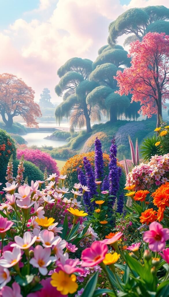 A lush, whimsical garden bursting with vibrant color combinations. In the foreground, a delicate floral tapestry of pastel pinks, lavenders, and soft yellows. In the middle ground, a riot of bold hues - deep indigos, emerald greens, and fiery oranges. The background features a dreamlike landscape with towering trees, shimmering ponds, and a magical, diffused light that casts a warm, enchanting glow over the entire scene. The overall mood is one of playful enchantment, inviting the viewer to step into this captivating, fairytale-inspired world.